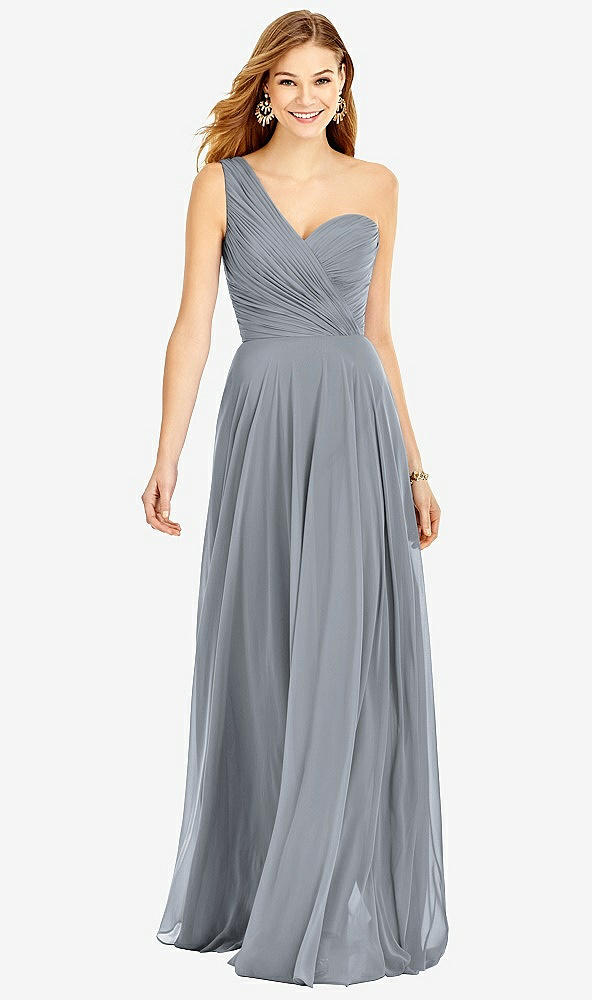 Front View - Platinum One-Shoulder Draped Chiffon Maxi Dress - Dani