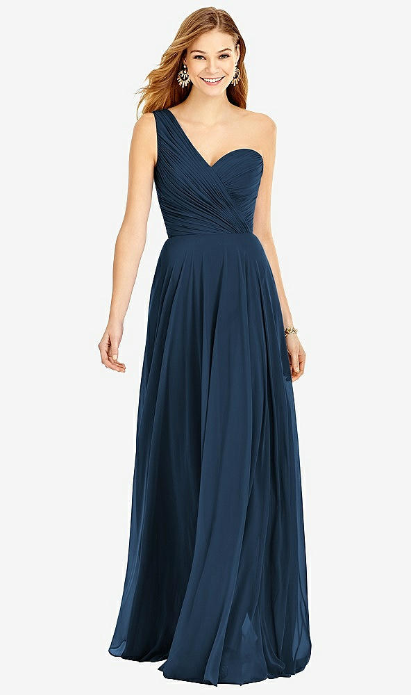 Front View - Sofia Blue One-Shoulder Draped Chiffon Maxi Dress - Dani