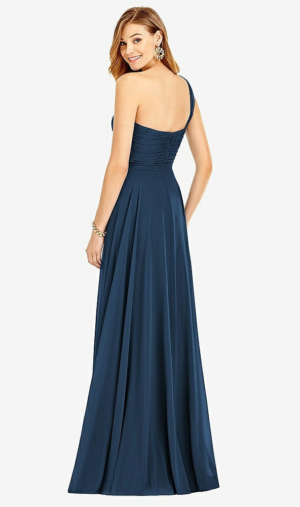 Back View - Sofia Blue One-Shoulder Draped Chiffon Maxi Dress - Dani