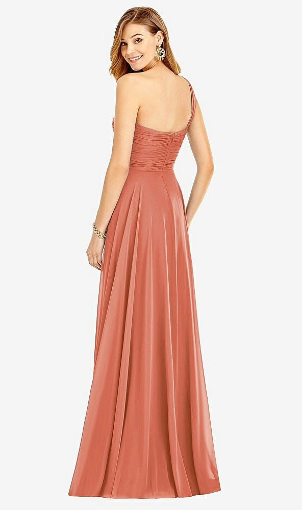 Back View - Terracotta Copper One-Shoulder Draped Chiffon Maxi Dress - Dani