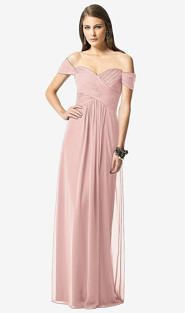 Front View - Rose - PANTONE Rose Quartz Off-the-Shoulder Ruched Chiffon Maxi Dress - Alessia