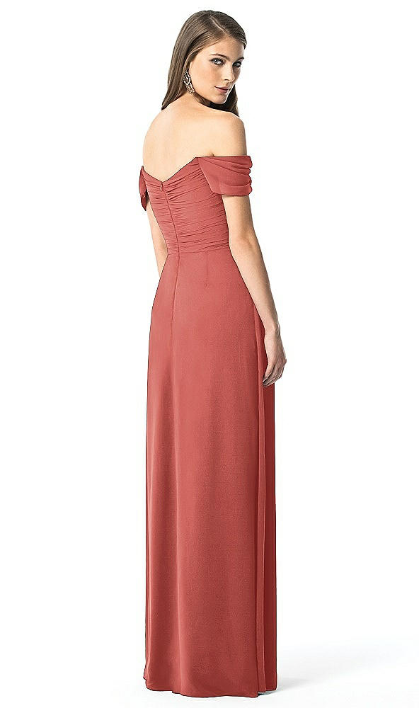 Back View - Coral Pink Off-the-Shoulder Ruched Chiffon Maxi Dress - Alessia