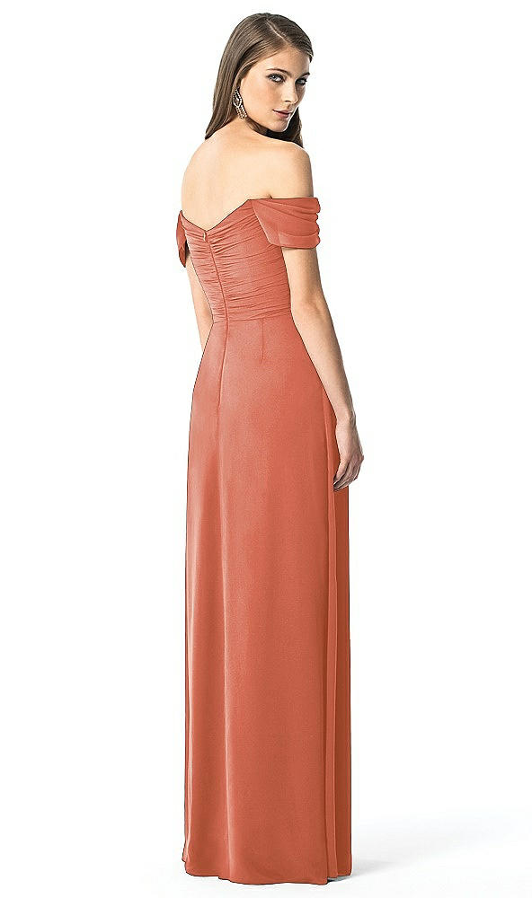 Back View - Terracotta Copper Off-the-Shoulder Ruched Chiffon Maxi Dress - Alessia