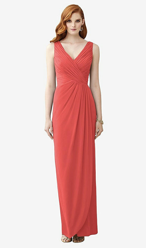 Front View - Perfect Coral Sleeveless Draped Faux Wrap Maxi Dress - Dahlia