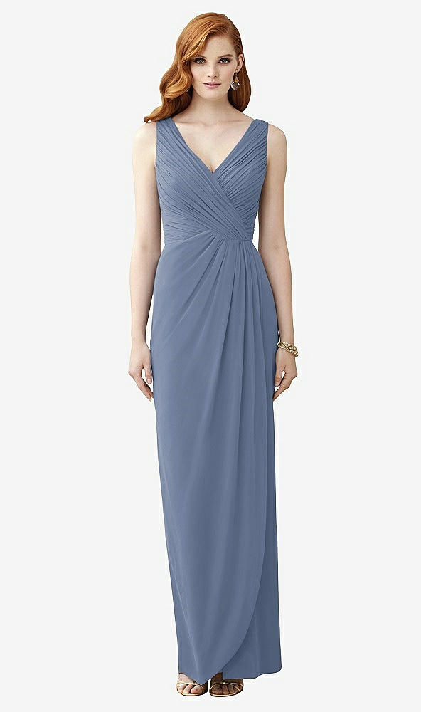 Front View - Larkspur Blue Sleeveless Draped Faux Wrap Maxi Dress - Dahlia