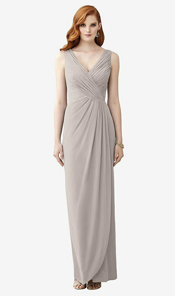 Front View - Taupe Sleeveless Draped Faux Wrap Maxi Dress - Dahlia