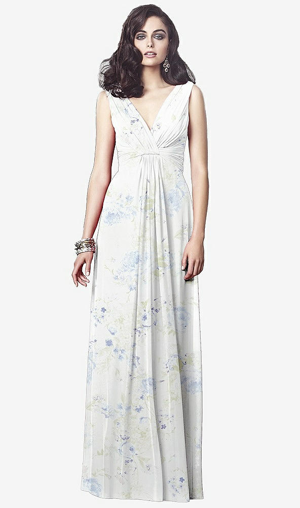 Front View - Bleu Garden Draped V-Neck Shirred Chiffon Maxi Dress - Ari