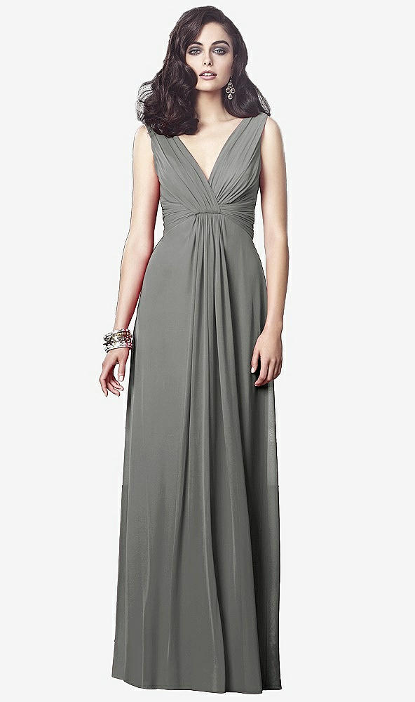 Front View - Charcoal Gray Draped V-Neck Shirred Chiffon Maxi Dress - Ari