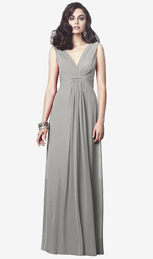 Front View - Chelsea Gray Draped V-Neck Shirred Chiffon Maxi Dress - Ari