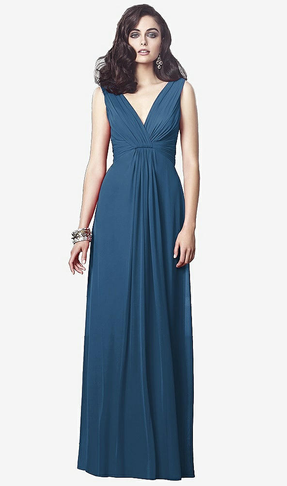 Front View - Dusk Blue Draped V-Neck Shirred Chiffon Maxi Dress - Ari