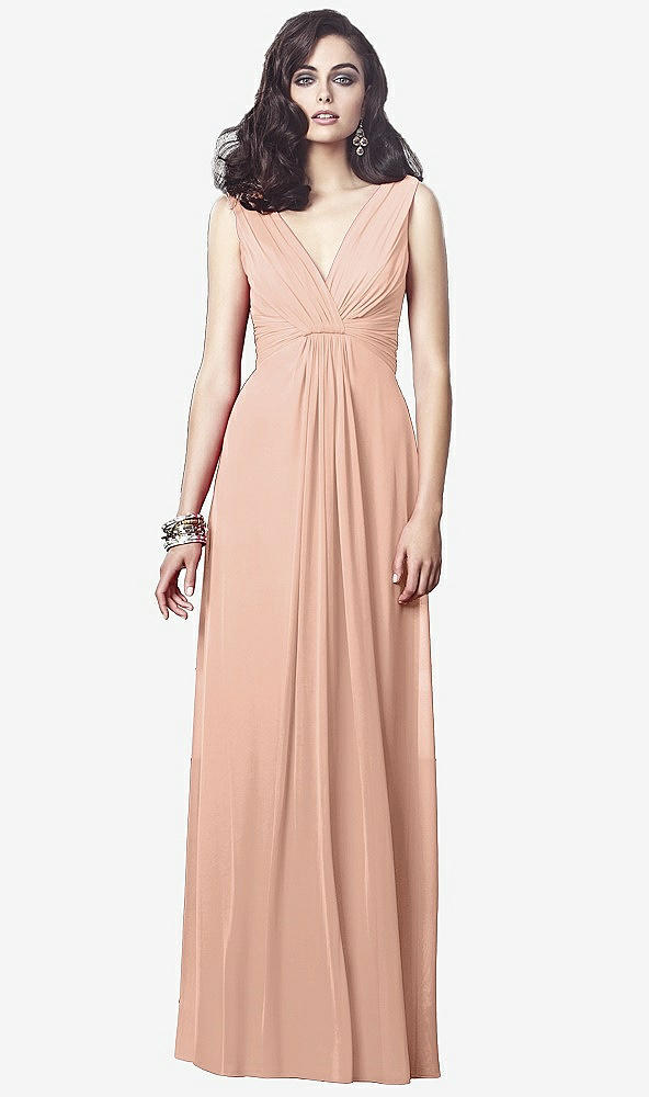 Front View - Pale Peach Draped V-Neck Shirred Chiffon Maxi Dress - Ari