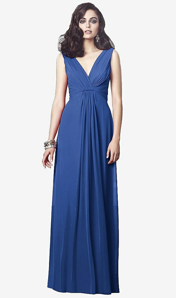 Front View - Classic Blue Draped V-Neck Shirred Chiffon Maxi Dress - Ari