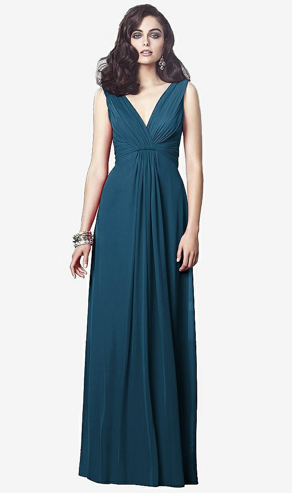 Front View - Atlantic Blue Draped V-Neck Shirred Chiffon Maxi Dress - Ari