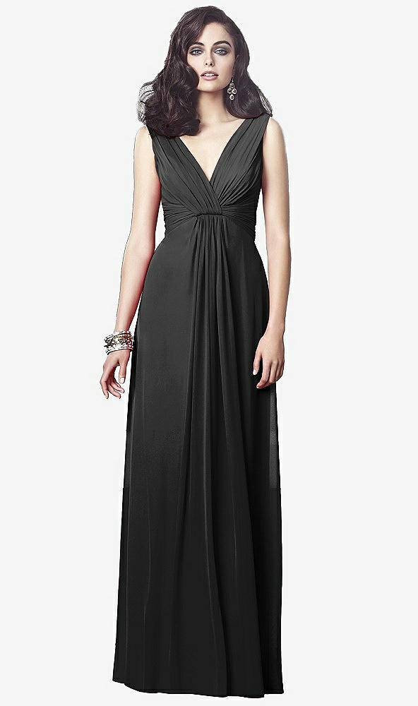 Front View - Black Draped V-Neck Shirred Chiffon Maxi Dress - Ari