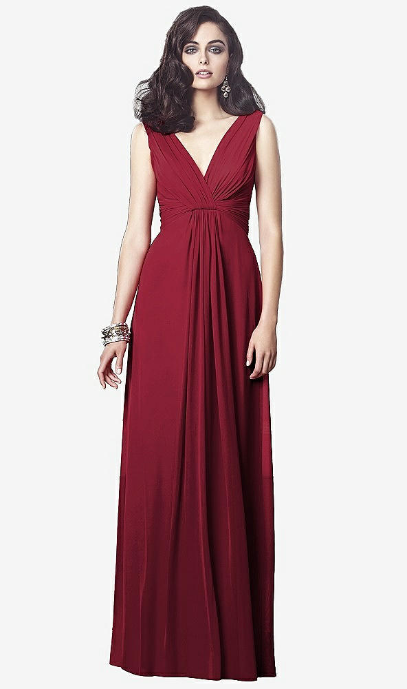 Front View - Burgundy Draped V-Neck Shirred Chiffon Maxi Dress - Ari