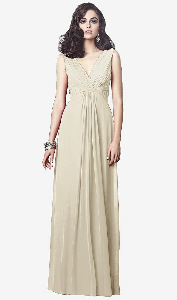 Front View - Champagne Draped V-Neck Shirred Chiffon Maxi Dress - Ari