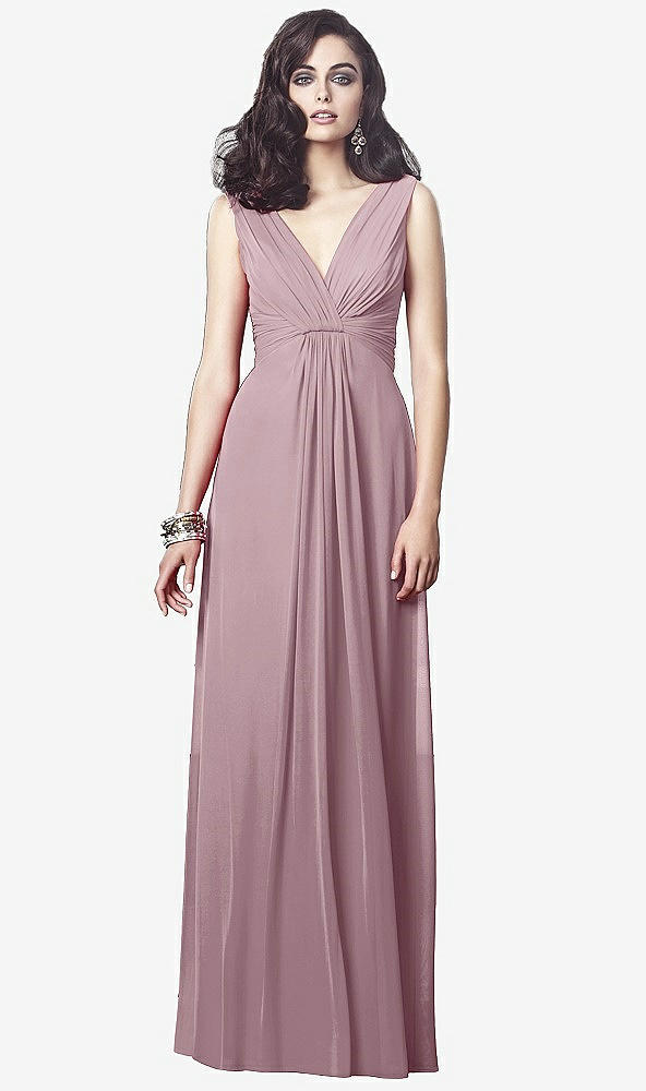 Front View - Dusty Rose Draped V-Neck Shirred Chiffon Maxi Dress - Ari