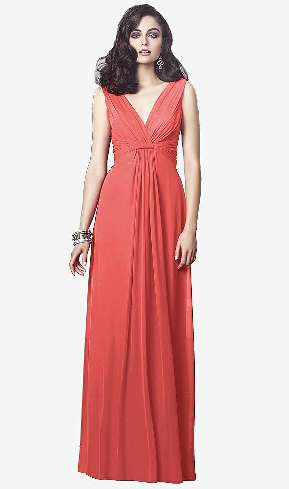 Front View - Perfect Coral Draped V-Neck Shirred Chiffon Maxi Dress - Ari