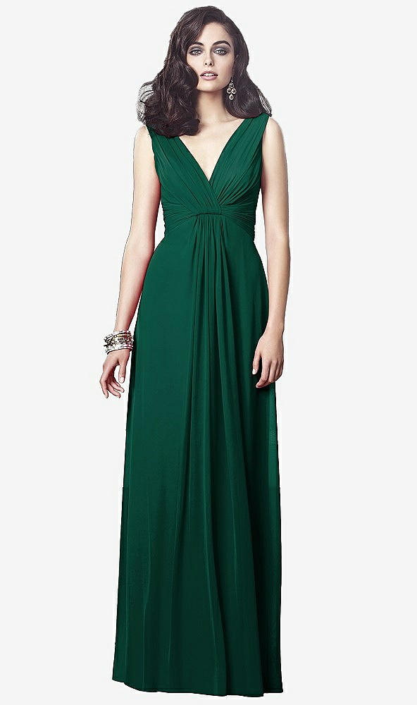 Front View - Hunter Green Draped V-Neck Shirred Chiffon Maxi Dress - Ari