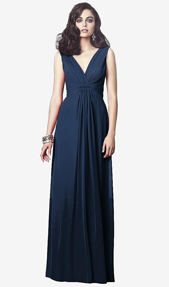 Front View - Midnight Navy Draped V-Neck Shirred Chiffon Maxi Dress - Ari