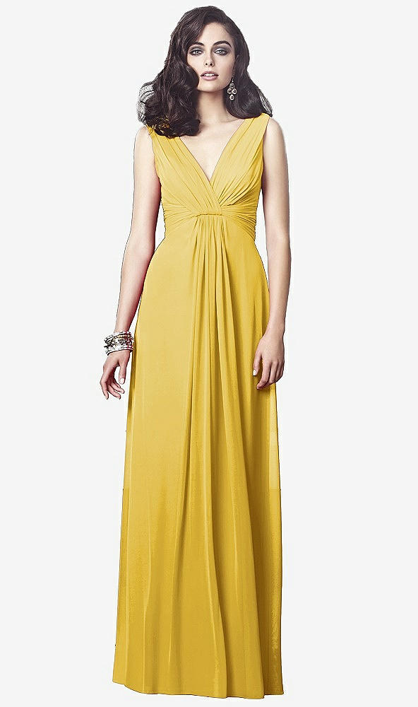 Front View - Marigold Draped V-Neck Shirred Chiffon Maxi Dress - Ari