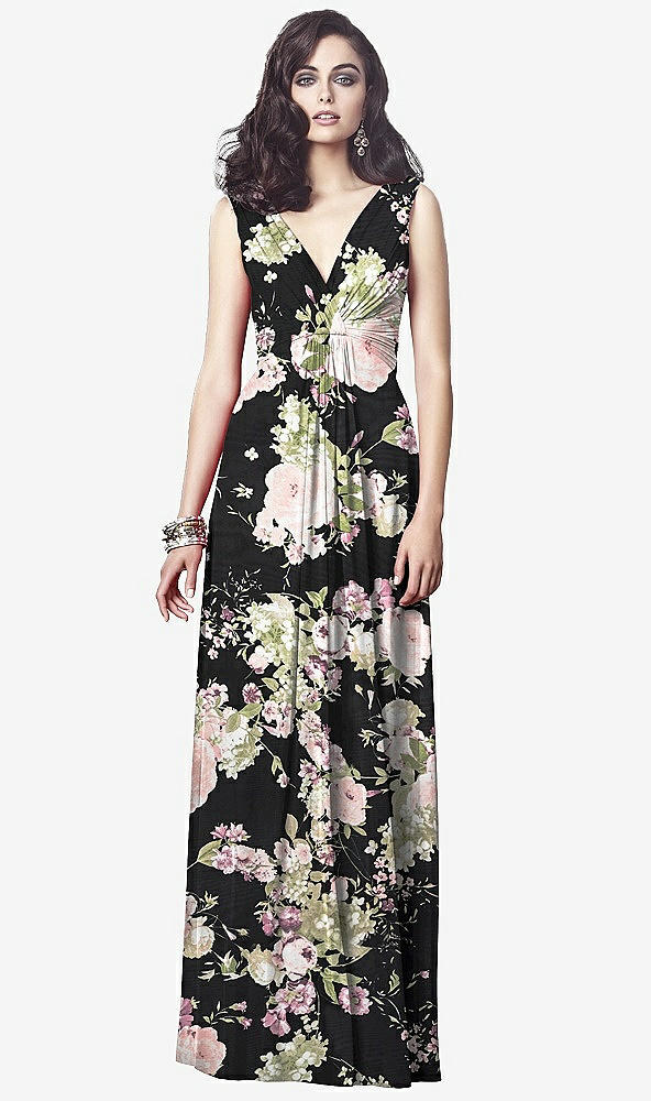 Front View - Noir Garden Draped V-Neck Shirred Chiffon Maxi Dress - Ari