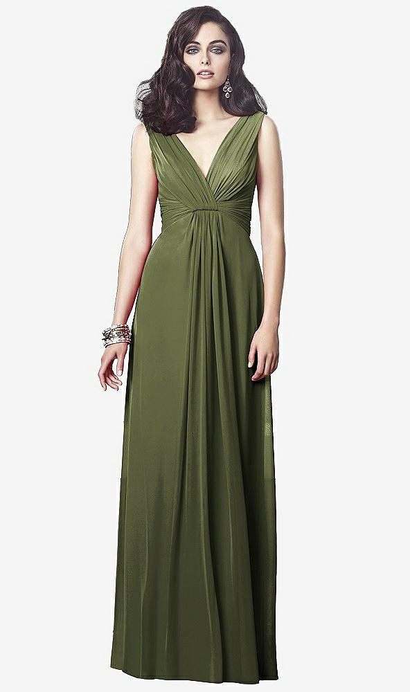 Front View - Olive Green Draped V-Neck Shirred Chiffon Maxi Dress - Ari