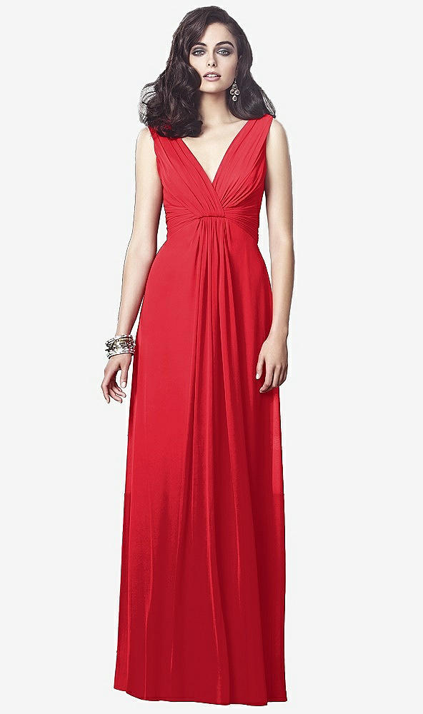 Front View - Parisian Red Draped V-Neck Shirred Chiffon Maxi Dress - Ari