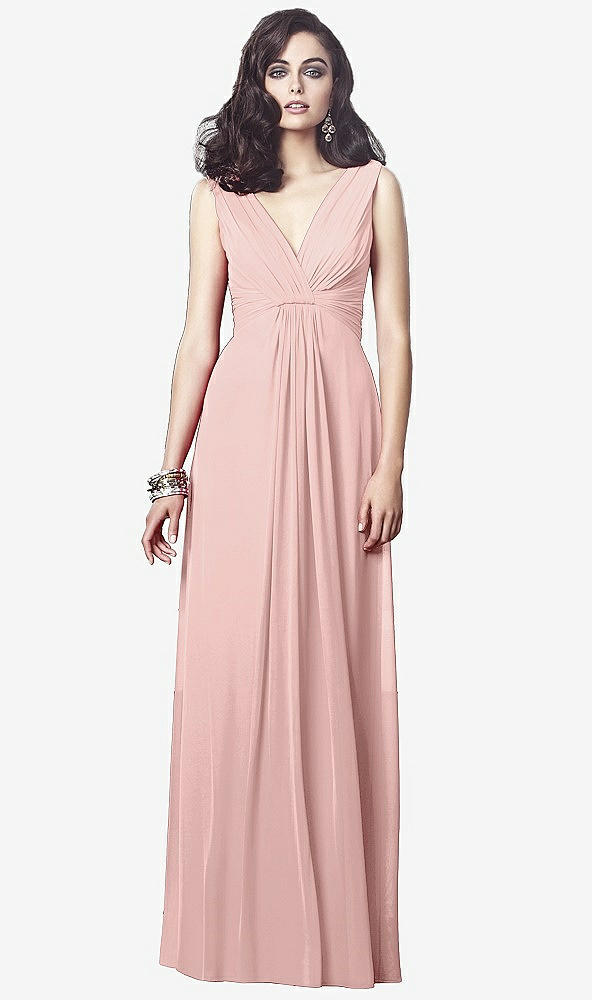 Front View - Rose - PANTONE Rose Quartz Draped V-Neck Shirred Chiffon Maxi Dress - Ari