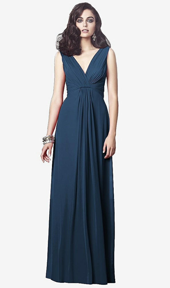 Front View - Sofia Blue Draped V-Neck Shirred Chiffon Maxi Dress - Ari