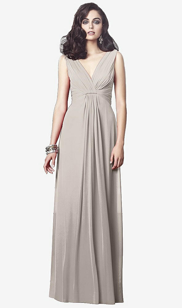 Front View - Taupe Draped V-Neck Shirred Chiffon Maxi Dress - Ari