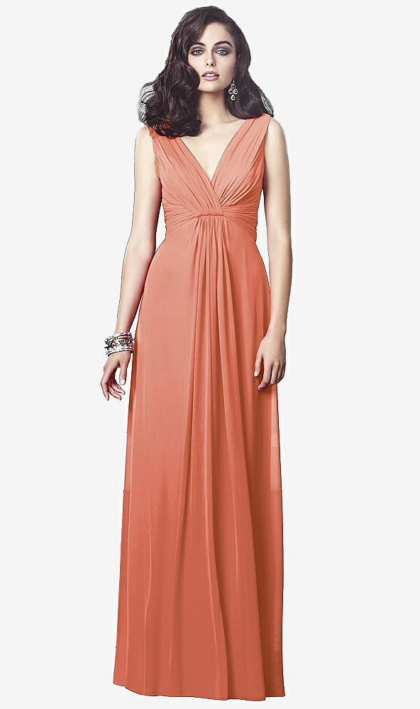 Front View - Terracotta Copper Draped V-Neck Shirred Chiffon Maxi Dress - Ari