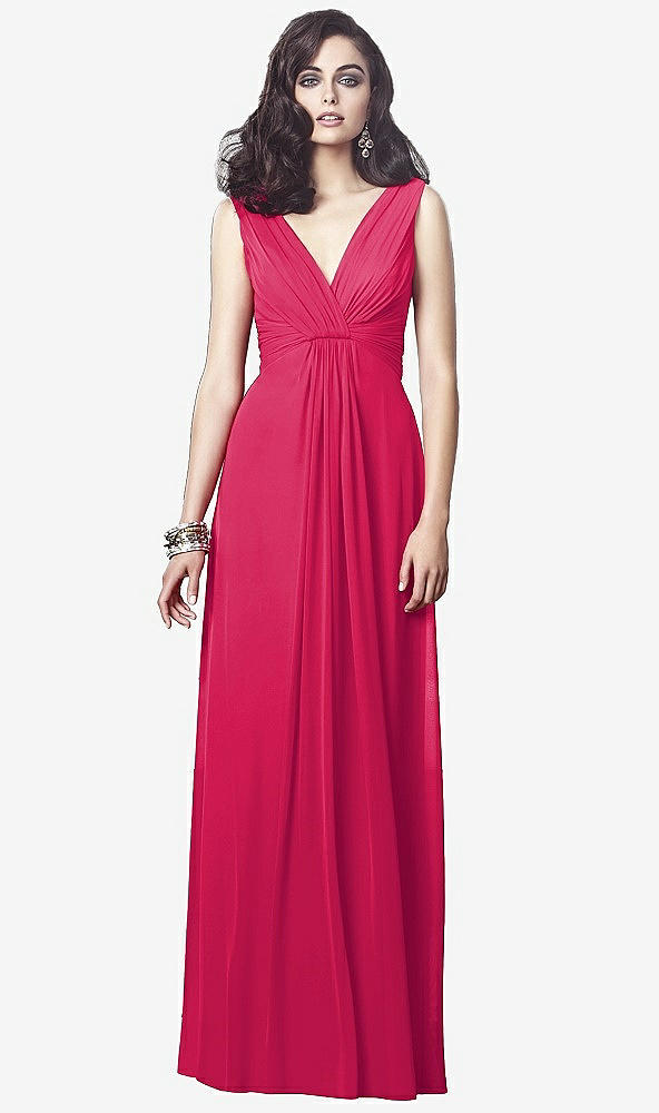 Front View - Vivid Pink Draped V-Neck Shirred Chiffon Maxi Dress - Ari