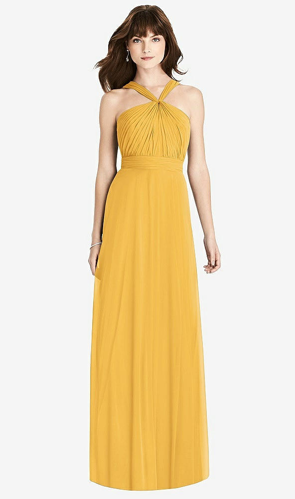 Front View - NYC Yellow Twist Halter Chiffon Maxi Dress - James