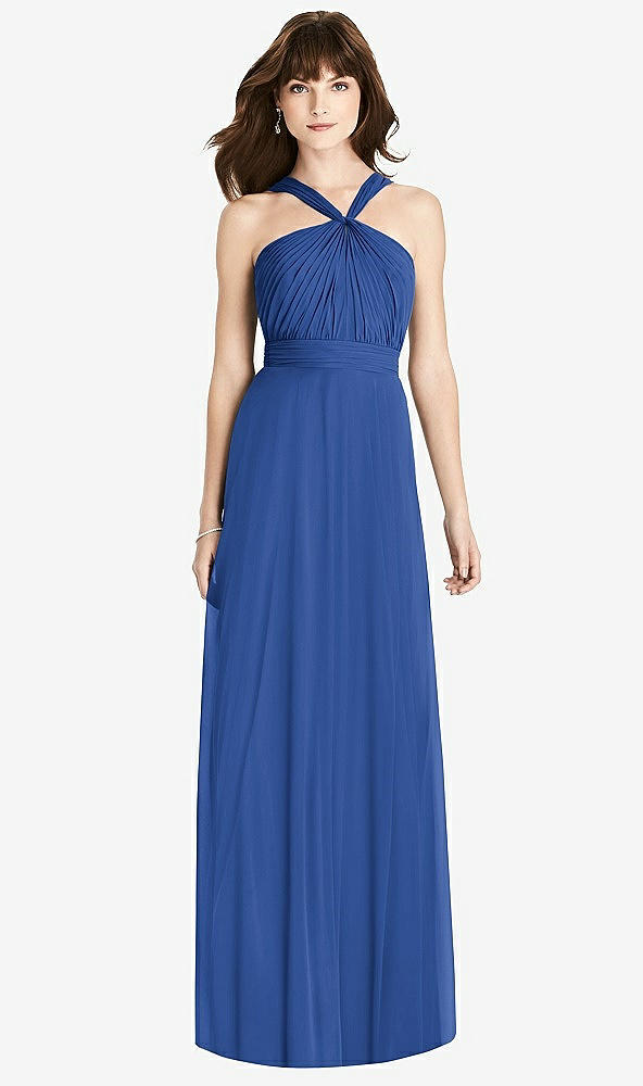 Front View - Classic Blue Twist Halter Chiffon Maxi Dress - James