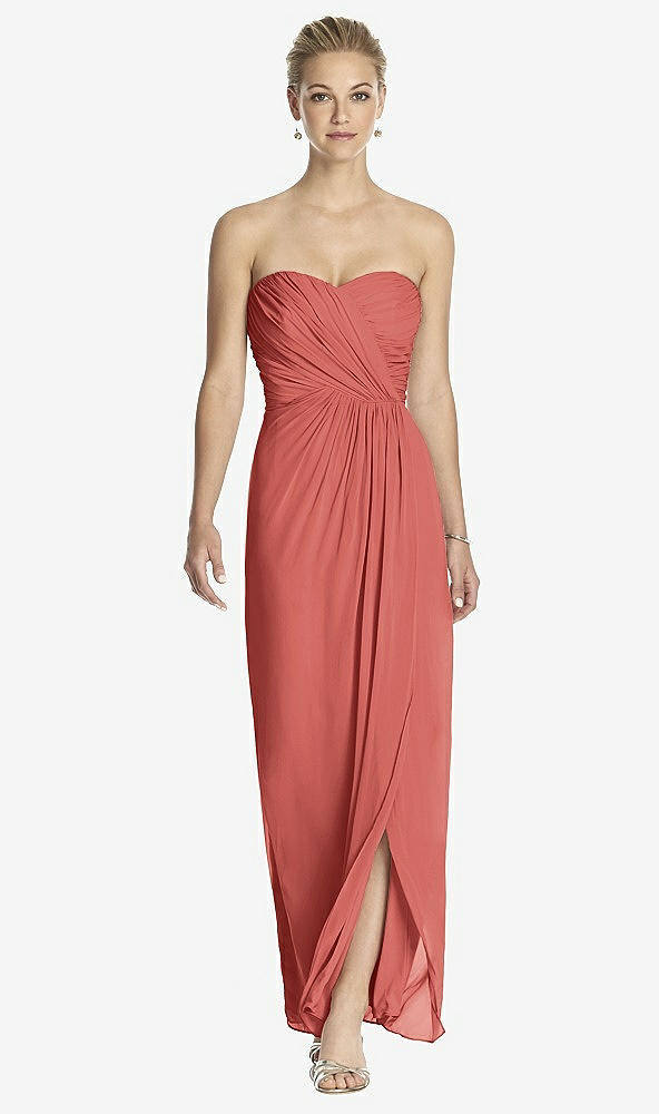 Front View - Coral Pink Strapless Draped Chiffon Maxi Dress - Lila