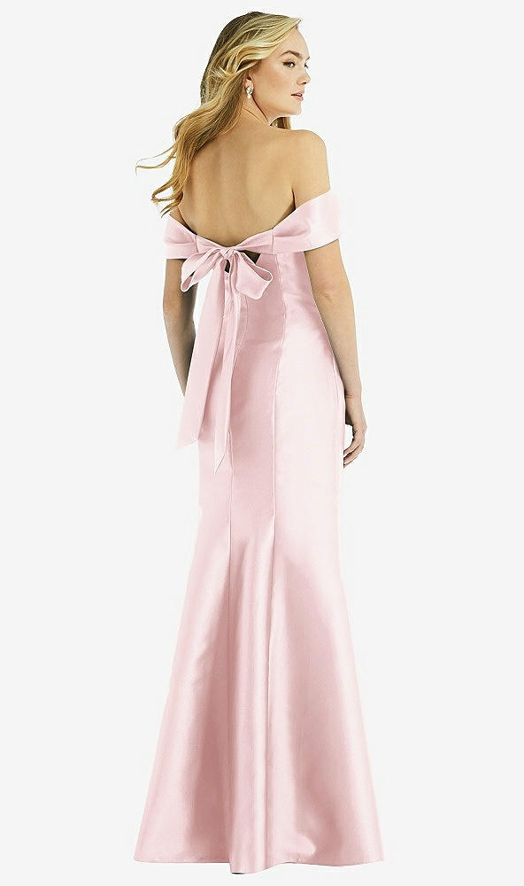 Back View - Ballet Pink Off-the-Shoulder Bow-Back Satin Trumpet Gown