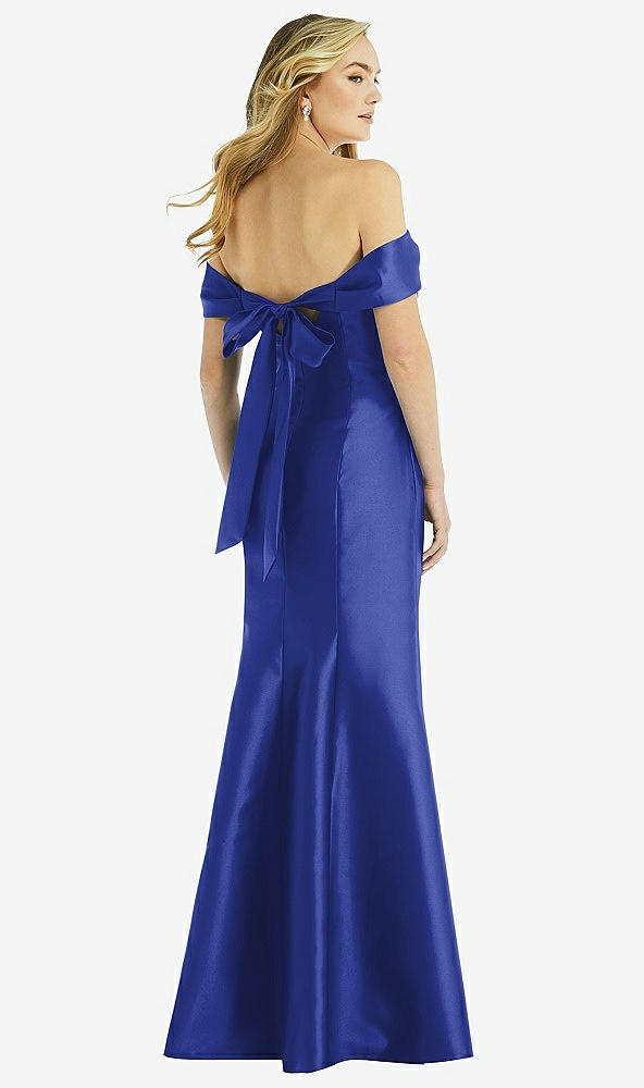 Back View - Cobalt Blue Off-the-Shoulder Bow-Back Satin Trumpet Gown