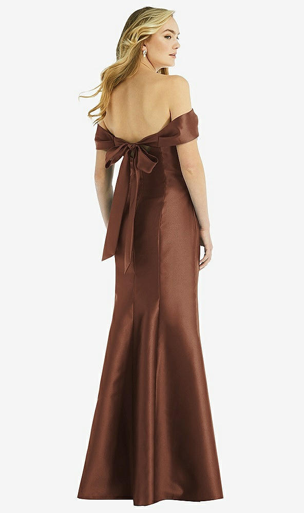 Back View - Cognac Off-the-Shoulder Bow-Back Satin Trumpet Gown