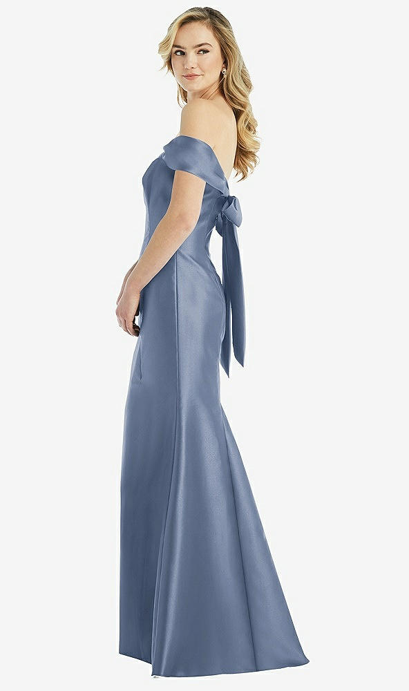 Front View - Larkspur Blue Off-the-Shoulder Bow-Back Satin Trumpet Gown