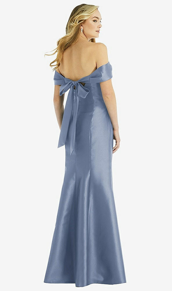 Back View - Larkspur Blue Off-the-Shoulder Bow-Back Satin Trumpet Gown