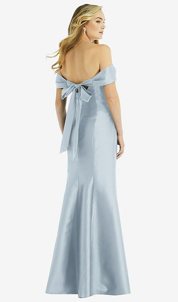 Back View - Mist Off-the-Shoulder Bow-Back Satin Trumpet Gown