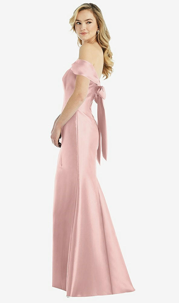 Front View - Rose - PANTONE Rose Quartz Off-the-Shoulder Bow-Back Satin Trumpet Gown