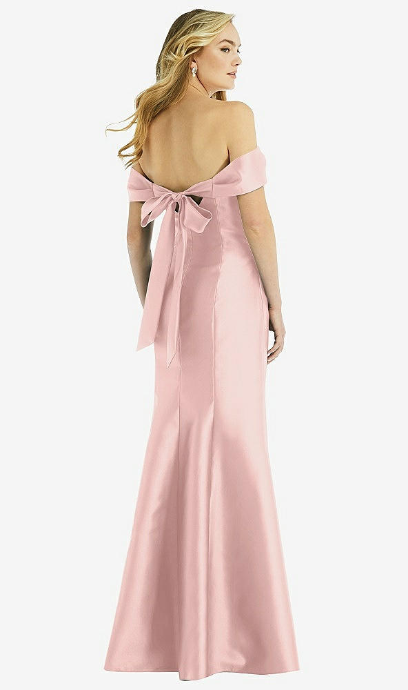 Back View - Rose - PANTONE Rose Quartz Off-the-Shoulder Bow-Back Satin Trumpet Gown