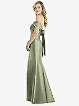 Front View Thumbnail - Sage Off-the-Shoulder Bow-Back Satin Trumpet Gown