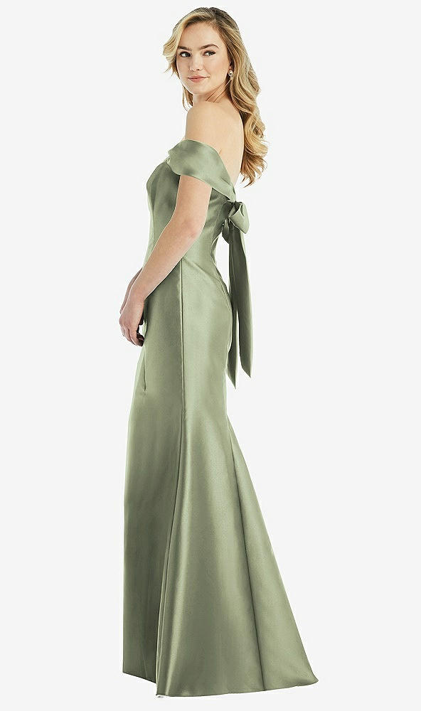 Front View - Sage Off-the-Shoulder Bow-Back Satin Trumpet Gown