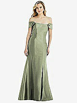 Side View Thumbnail - Sage Off-the-Shoulder Bow-Back Satin Trumpet Gown