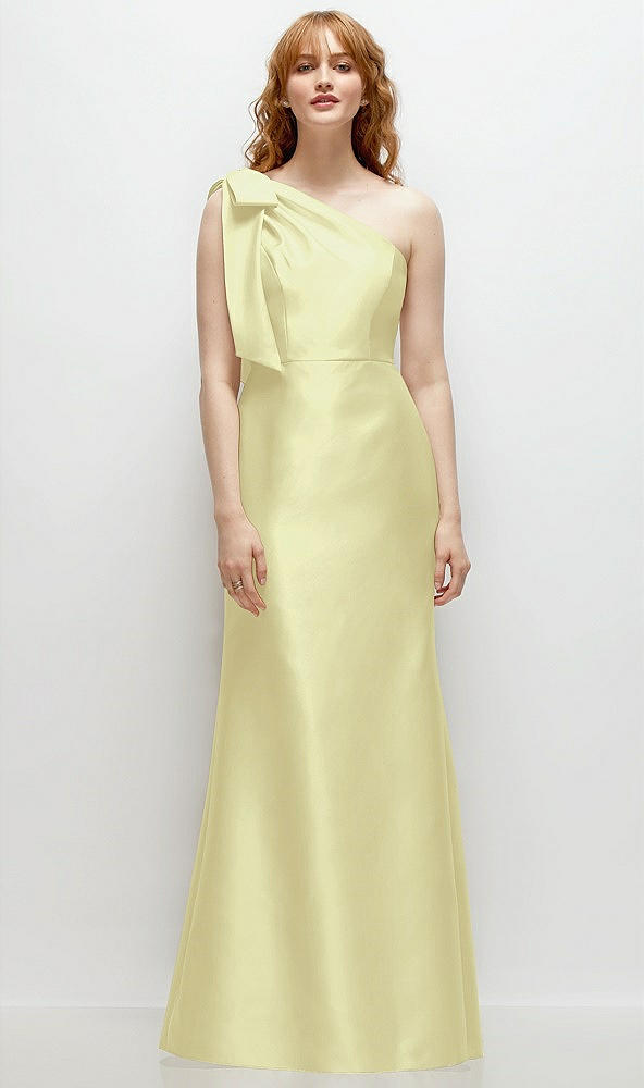 Front View - Butter Yellow Bow One-Shoulder Satin Trumpet Gown