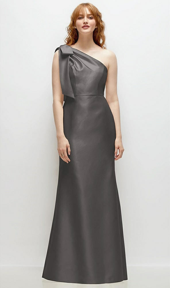 Front View - Caviar Gray Bow One-Shoulder Satin Trumpet Gown