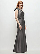 Rear View Thumbnail - Caviar Gray Bow One-Shoulder Satin Trumpet Gown